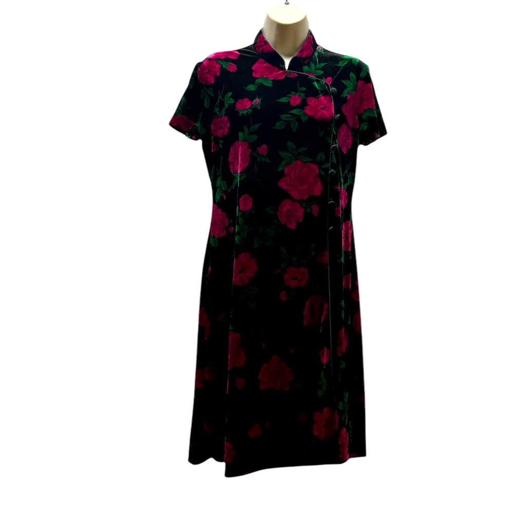 Maggy London Floral Rose Printed Velvet Midi Thai Asian Japanese A Line Dress